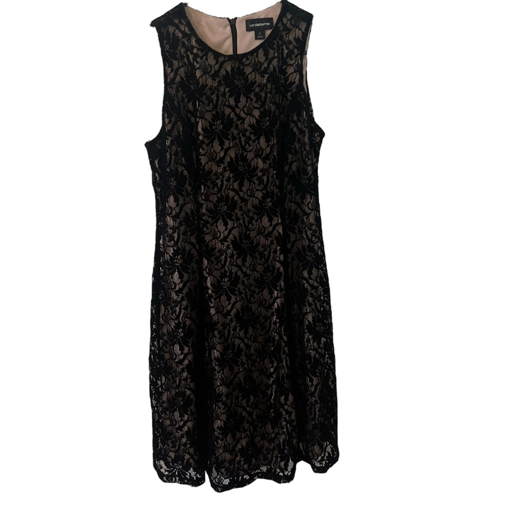 Liz Claiborne Lace Black Floral Velvet and Tan Sheath Midi Dress Sz 8